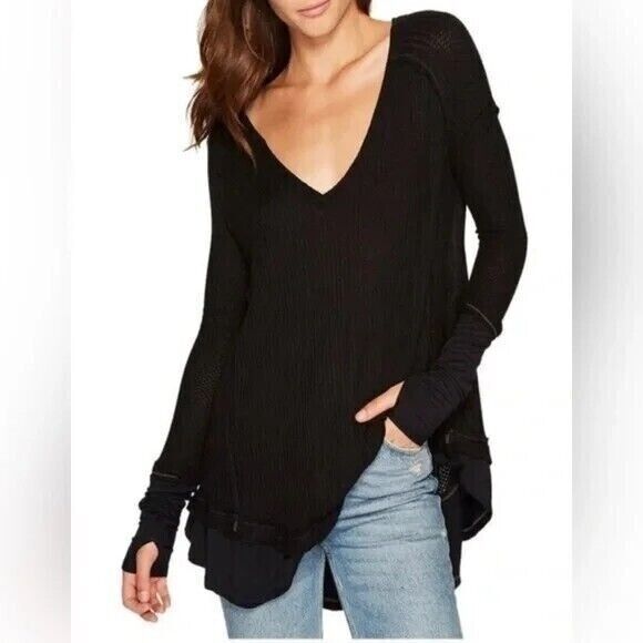 We the Free People Sz Petite PS Laguna Tunic Top Black Stretch Distressed - Picture 1 of 8